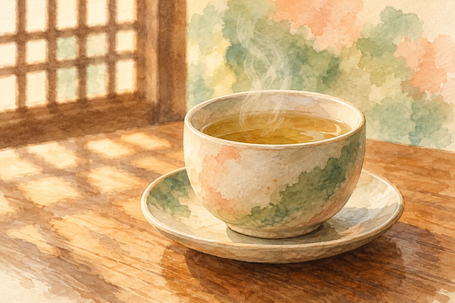 Hangugui Jip: Korean Court Dishes and Gohojae Tea in Seoul 2 Watercolor concept art of steaming tea in a ceramic cup beside soft lattice-window light.
