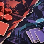 Paper-textured concept art of opposing poker chips and face-down cards divided by a tear, symbolizing gambling rivalry and betrayal.