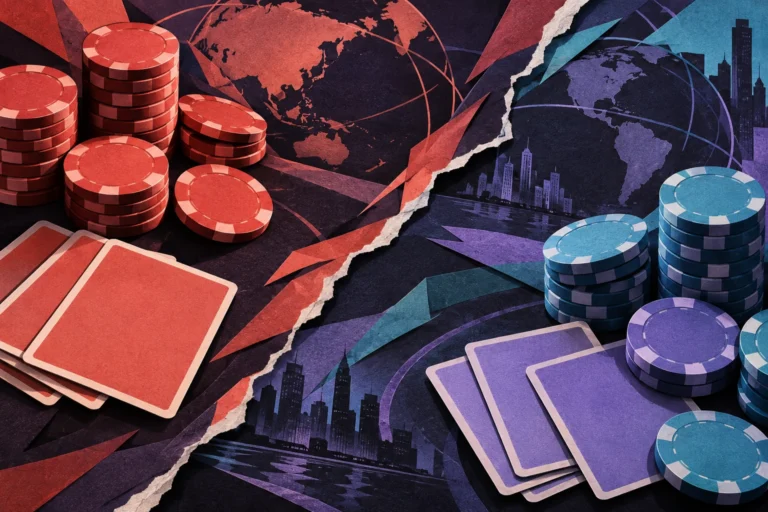 Paper-textured concept art of opposing poker chips and face-down cards divided by a tear, symbolizing gambling rivalry and betrayal.