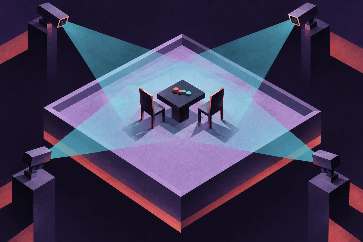 Tazza: Beljebubui Norae Director Explains Its Bolder Action 2 Concept art of a gaming table and two empty chairs inside a square watched by surveillance cameras.