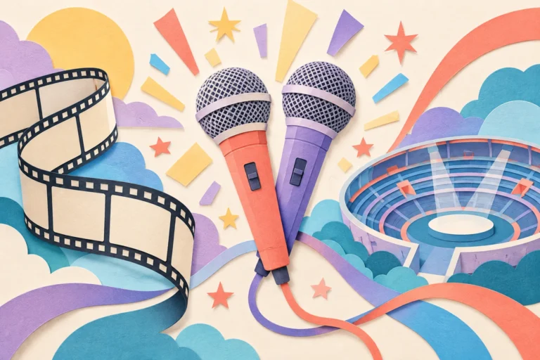 Conceptual paper illustration of two microphones, a filmstrip, and an empty arena symbolizing the music television trilogy.