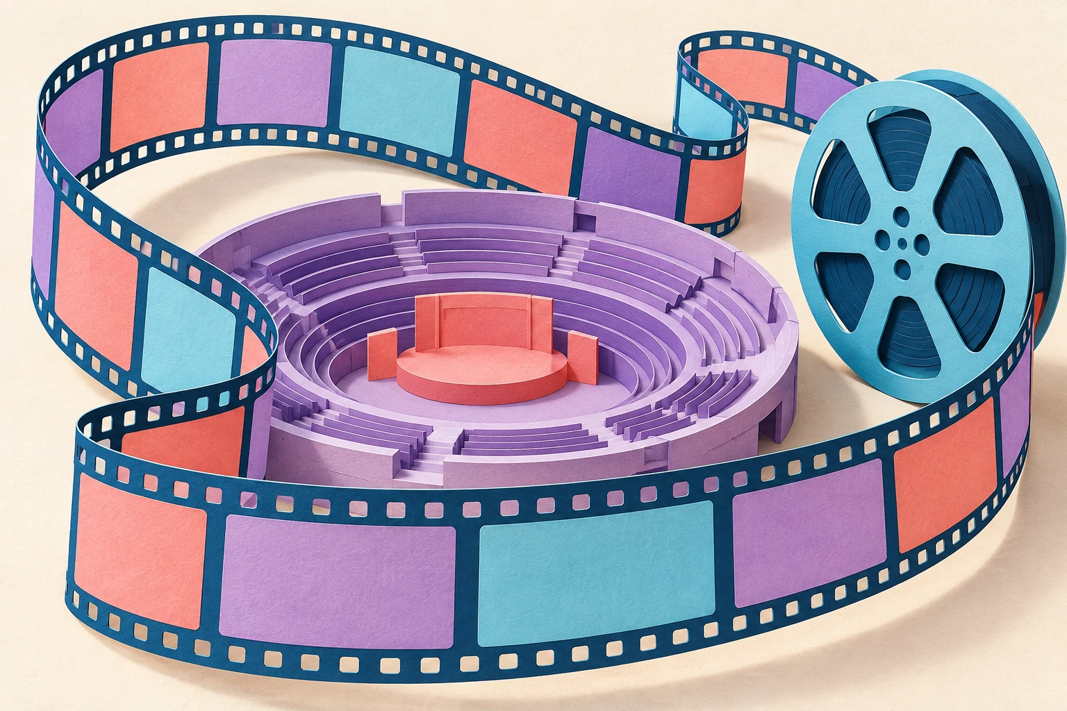 Lee Seung-chul’s KBS Chuseok Trilogy: Sunny and 40 Years of Music 2 Conceptual paper illustration of a filmstrip and reel surrounding a miniature arena, symbolizing music preserved on screen.