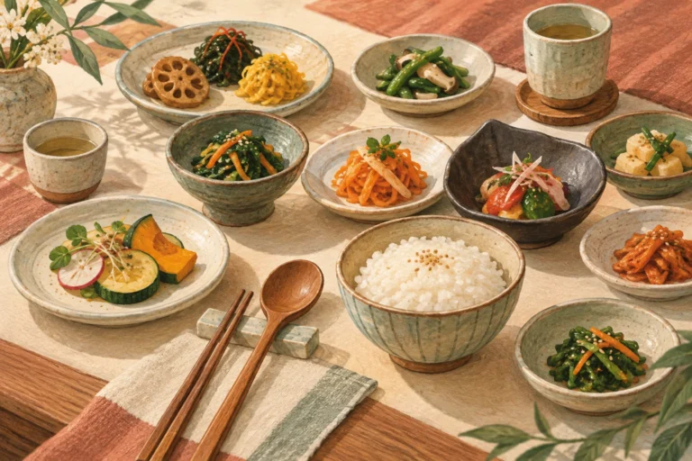 Conceptual illustration of Korean vegetable dishes, rice, and ceramic tableware on a warm-toned table.