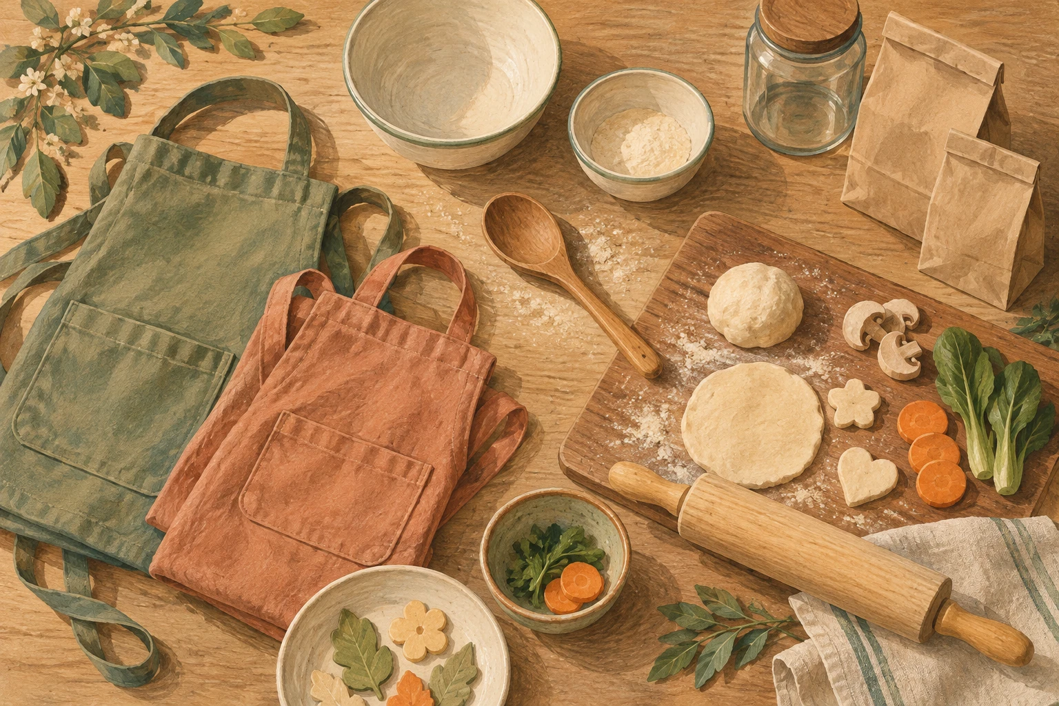 Incheon’s September 12 Michuhol Food Festival: What Visitors Can Expect 2 Conceptual illustration of family cooking materials, including aprons, mixing bowls, dough, vegetables, and plain paper bags.