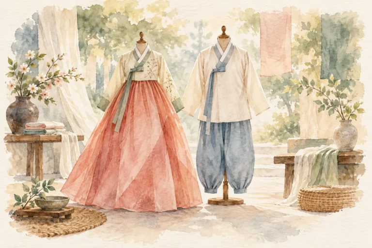 Conceptual watercolor illustration of two traditional Korean hanbok outfits on wooden display stands.