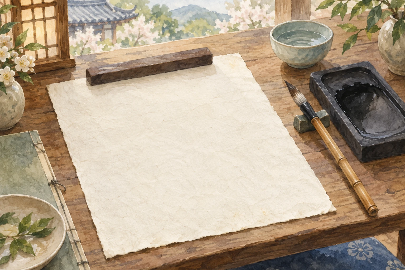 Hanguk Yugyo Munhwa Chukjeon 2026: A Nonsan Visitor Guide 2 Conceptual watercolor illustration of blank hanji paper, a brush, and an inkstone prepared for family-motto writing.