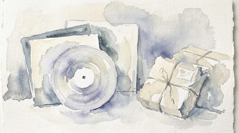 Loose transparent watercolor illustration of an abstract vinyl record, sleeve, and tied shipping parcels in quiet tones on textured paper.
