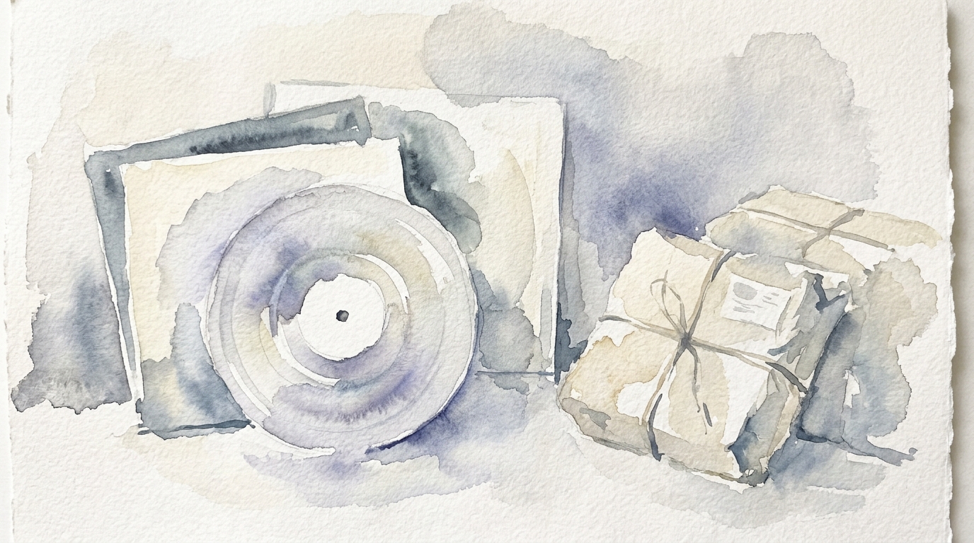 Loose transparent watercolor illustration of an abstract vinyl record, sleeve, and tied shipping parcels in quiet tones on textured paper.