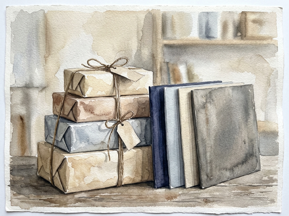 NCT WISH’s Japan Double Platinum: What 500,000 Shipments Means 2 Loose transparent watercolor painting of stacked craft paper packages tied with twine alongside minimalist record sleeves.