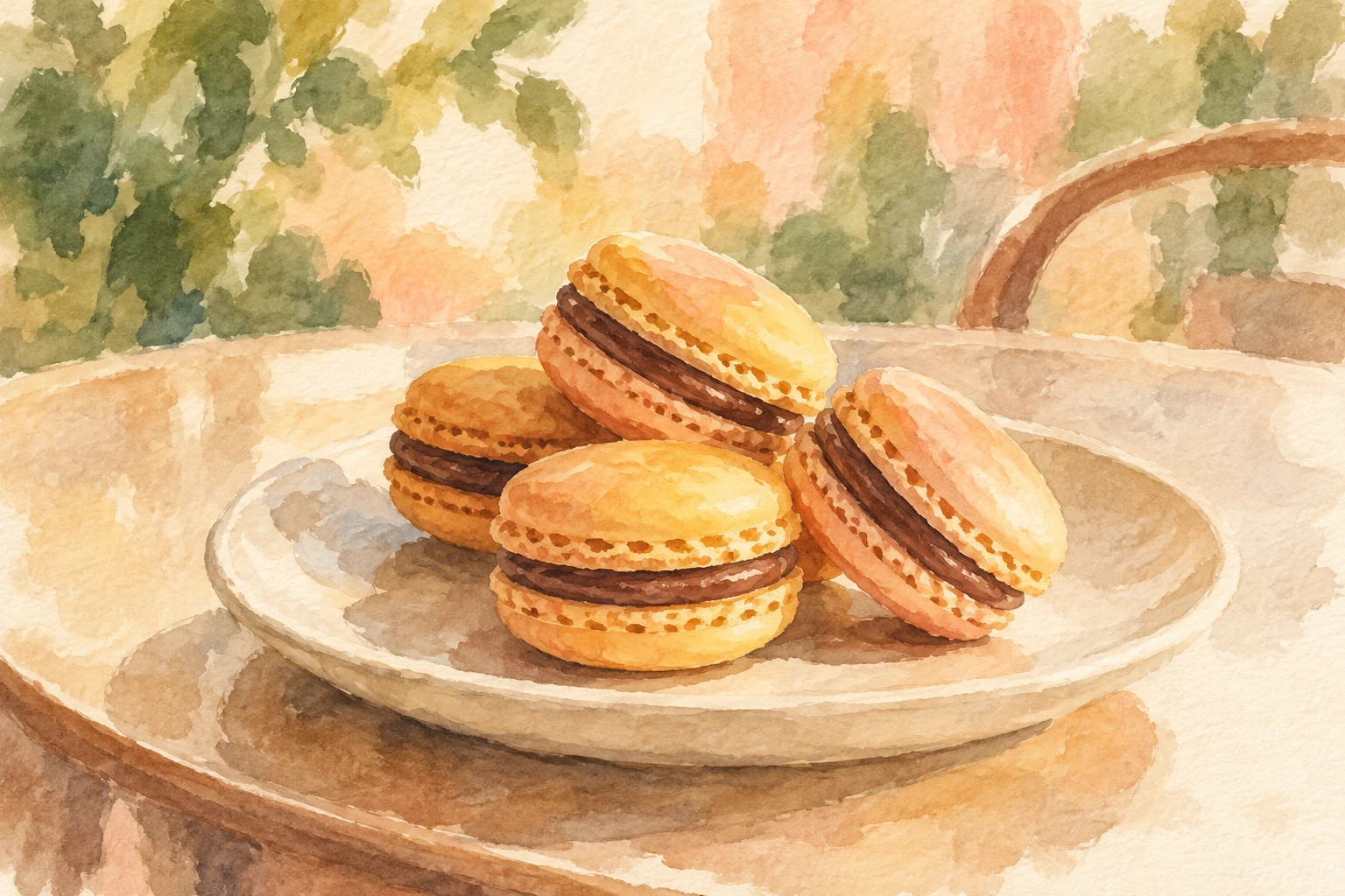 Watercolor concept art of chocolate-and-passion-fruit macarons on a cream plate in a generic cafe setting.