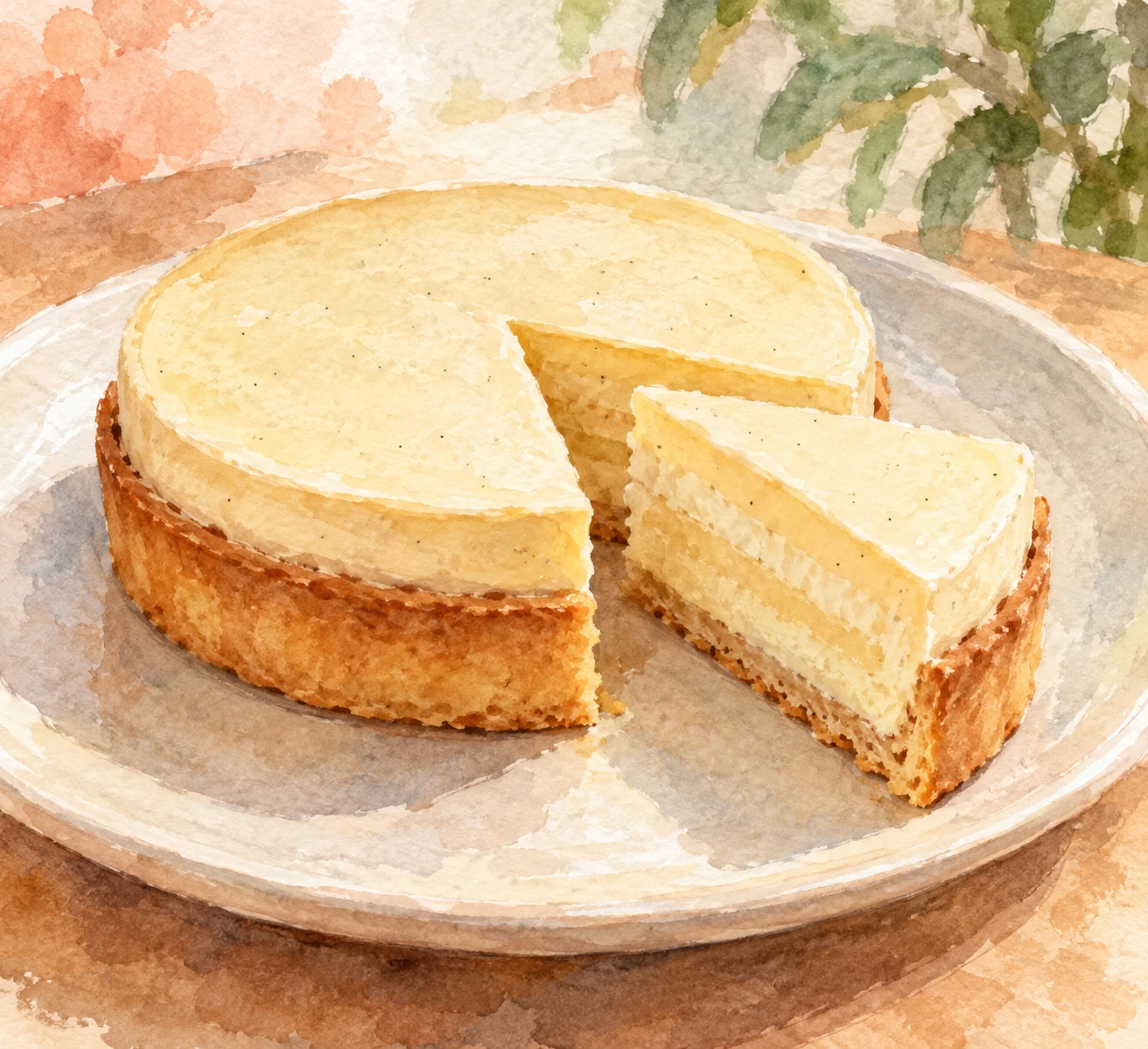 Pierre Hermé Paris in Seoul: Pastries at the 63 Building 2 Watercolor concept art of a vanilla tart with a separated wedge revealing delicate cream layers.