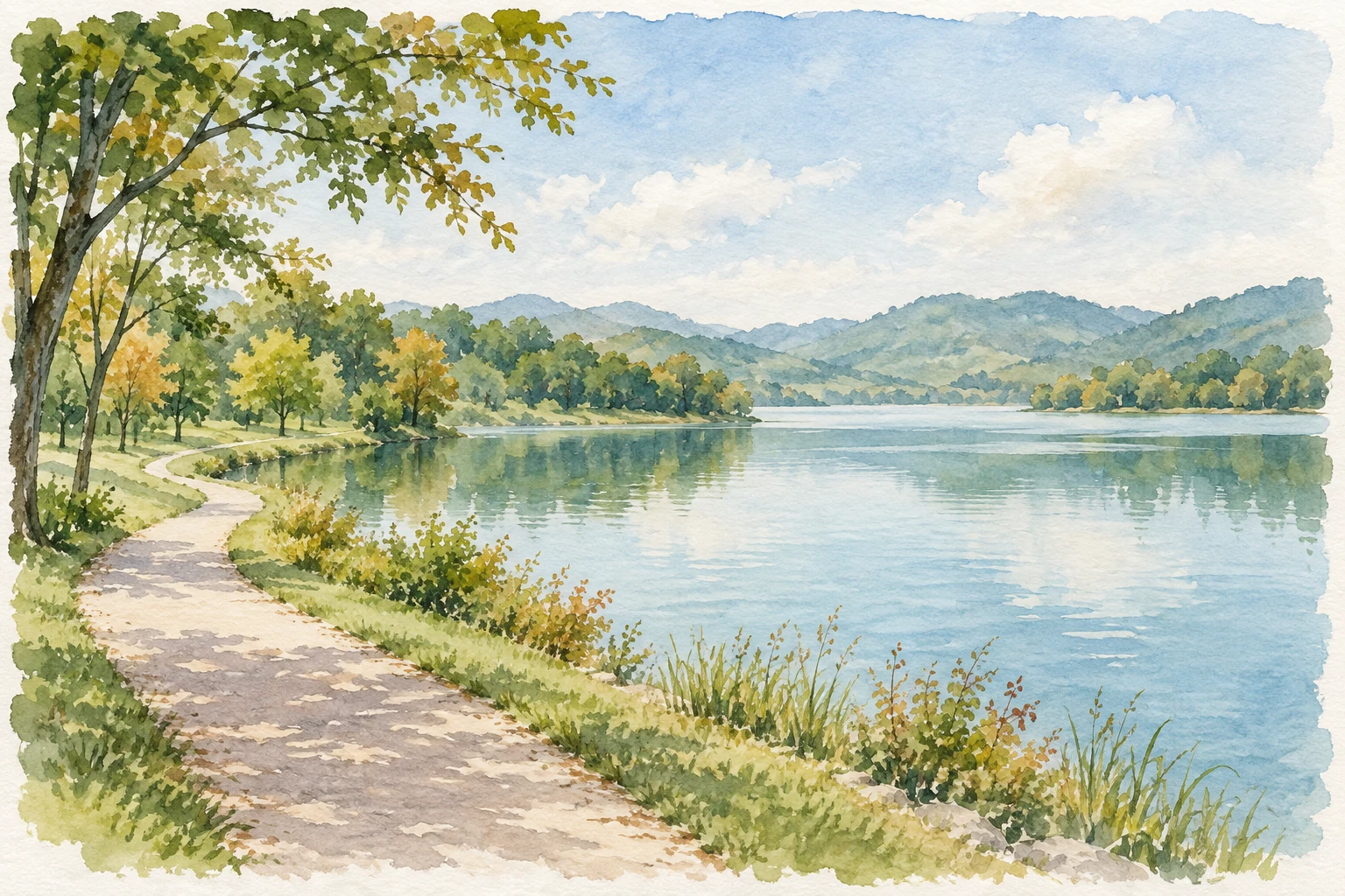 Watercolor concept art of a reservoir walking path inspired by Cheongju’s lake outings.