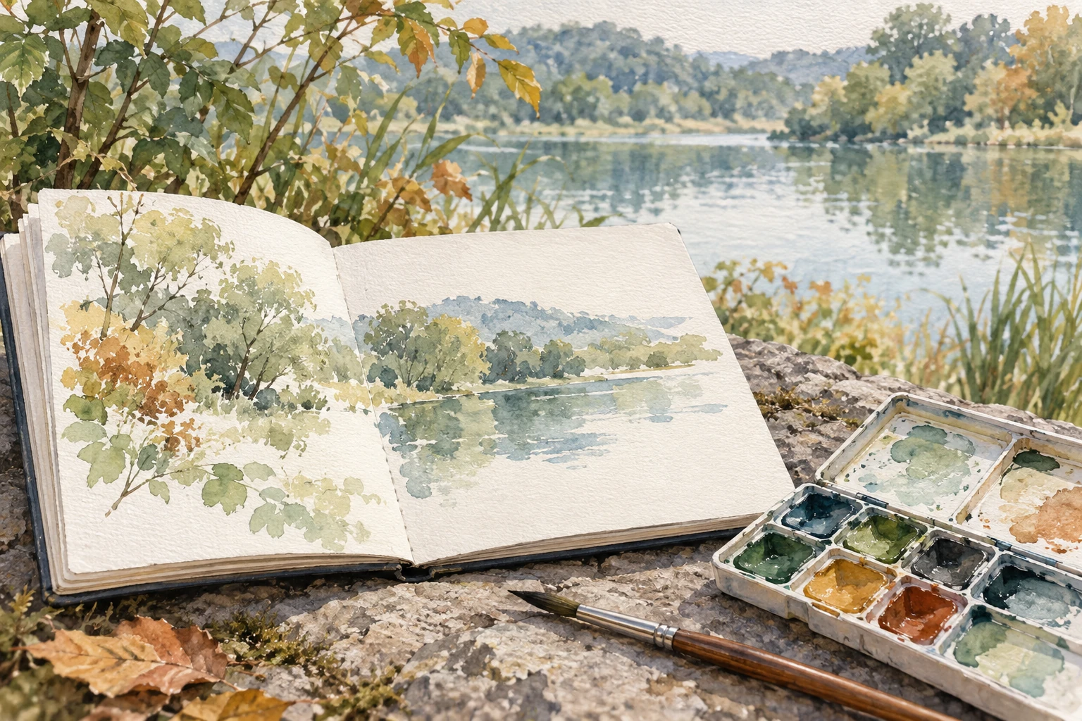 Cheongju Guide: Lake Walks, Cheongnamdae and Cultural Stops 2 Watercolor concept art of a sketchbook, palette, and brush inspired by Okhwa Gugok’s announced sketching theme.