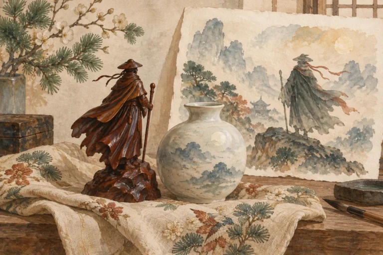 Watercolor concept illustration of a fictional lacquer adventurer sculpture, ceramic vase, painting, and embroidered fabric.
