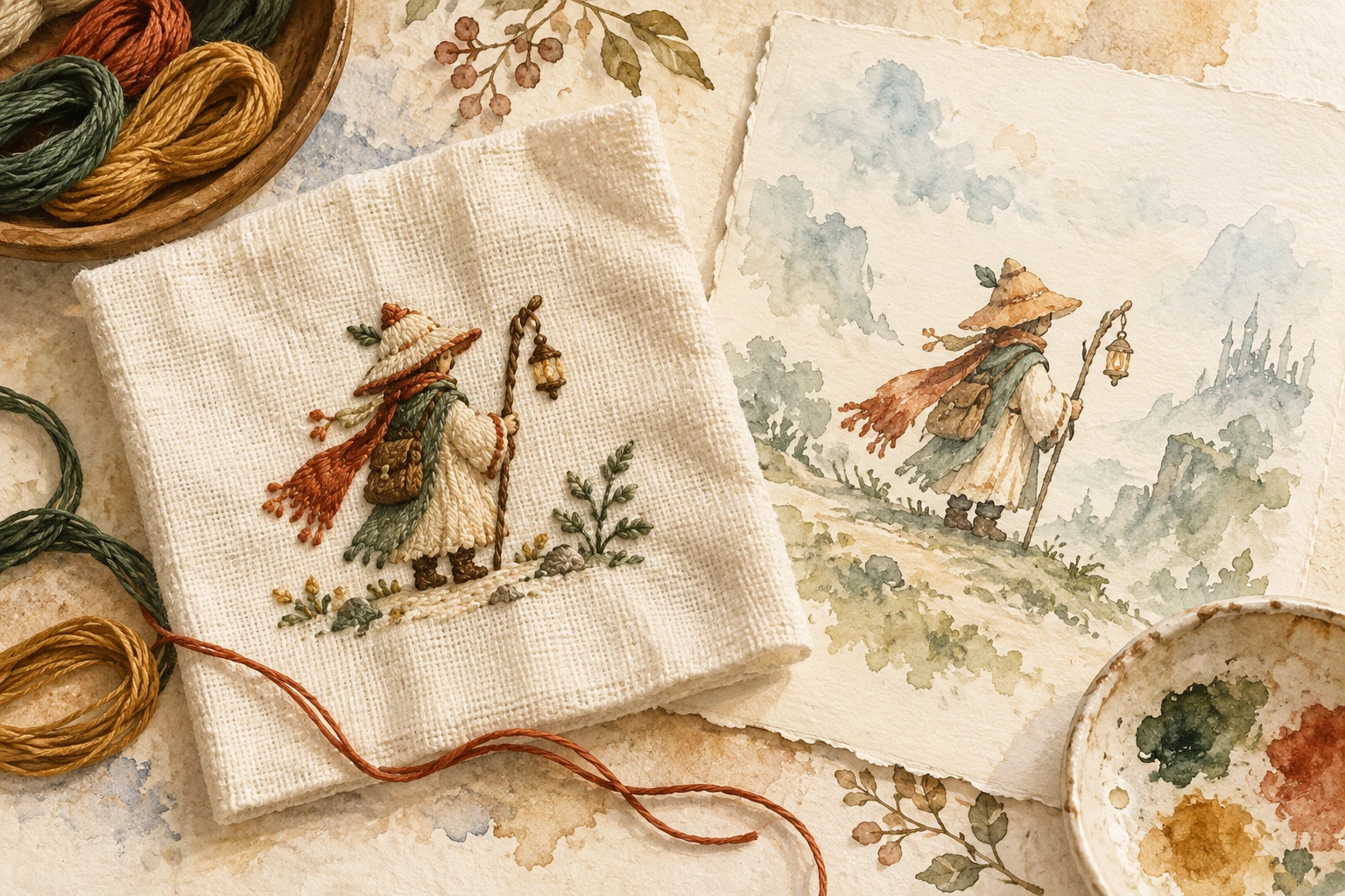 BORDERLESS at Gyeongbokgung: Game Characters in Korean Craft 2 Watercolor concept illustration of a fictional traveler rendered in embroidery and painting beside colored threads.