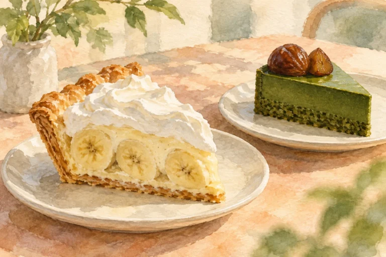 Watercolor concept art of banana cream pie and matcha ganache cake topped with candied chestnuts.