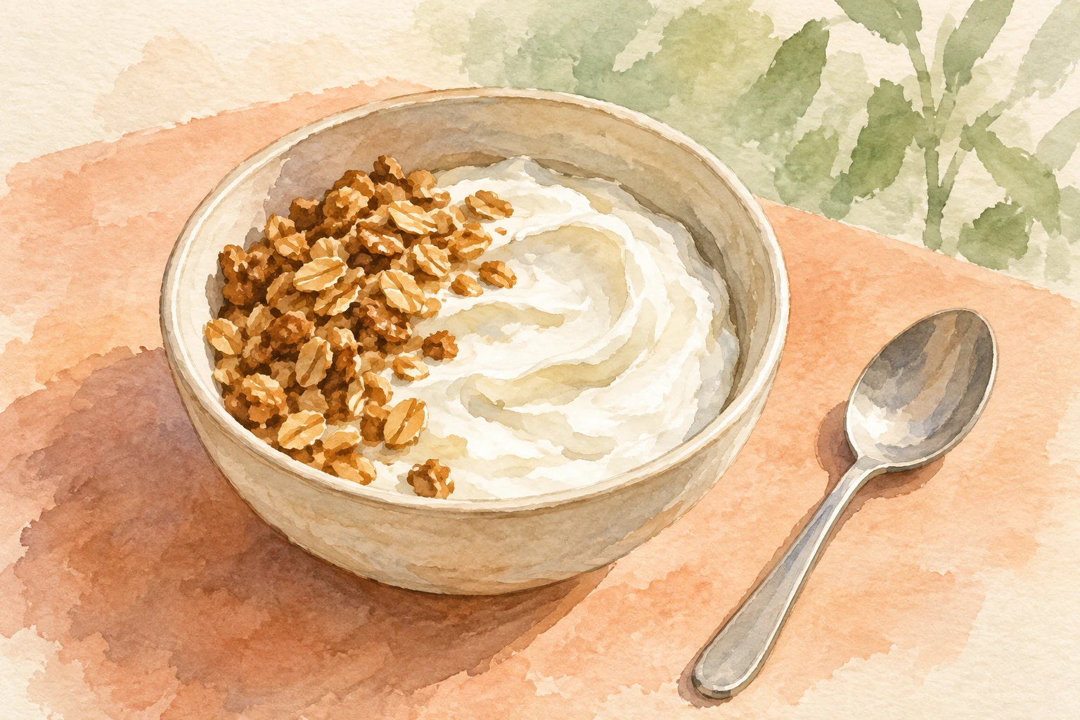 4 Must-Visit Dessert Cafes in Seoul's Rising Gunja District 2 Watercolor concept art of thick yogurt with granola in a ceramic bowl beside a spoon.