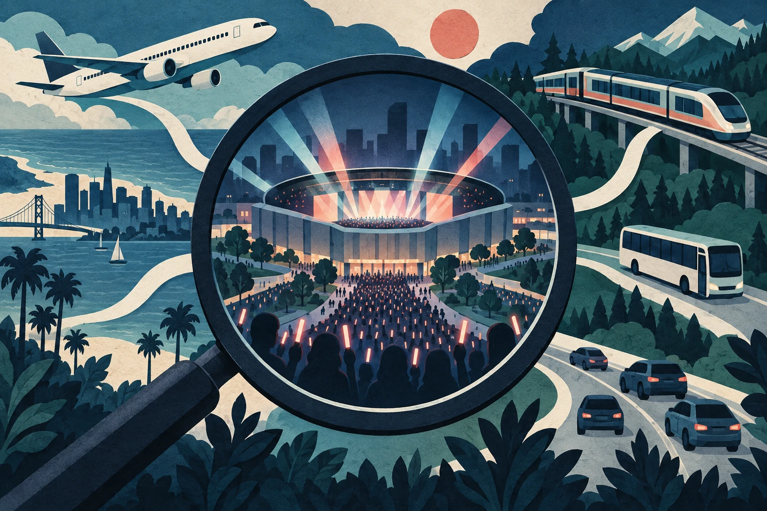 Illustration of a magnifying glass over a concert arena surrounded by air, rail and road travel.