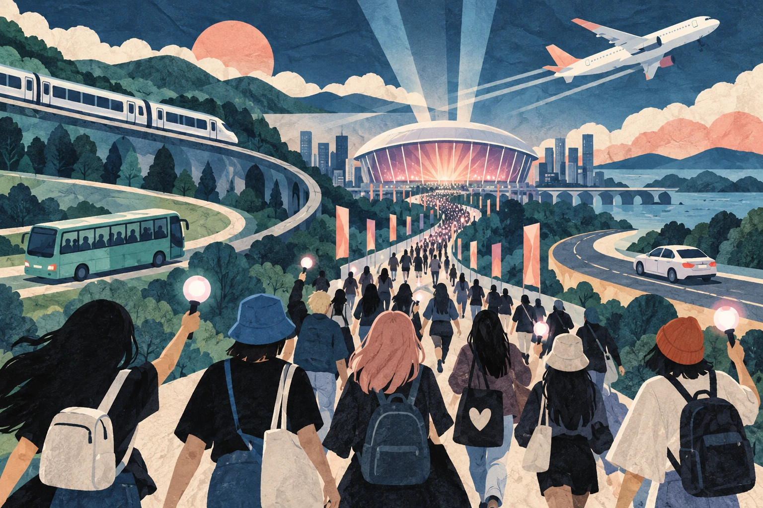 What should US fans check in a K-pop concert’s carbon claims? 2 Illustration of fans approaching a concert arena alongside a train, bus, car and airplane.