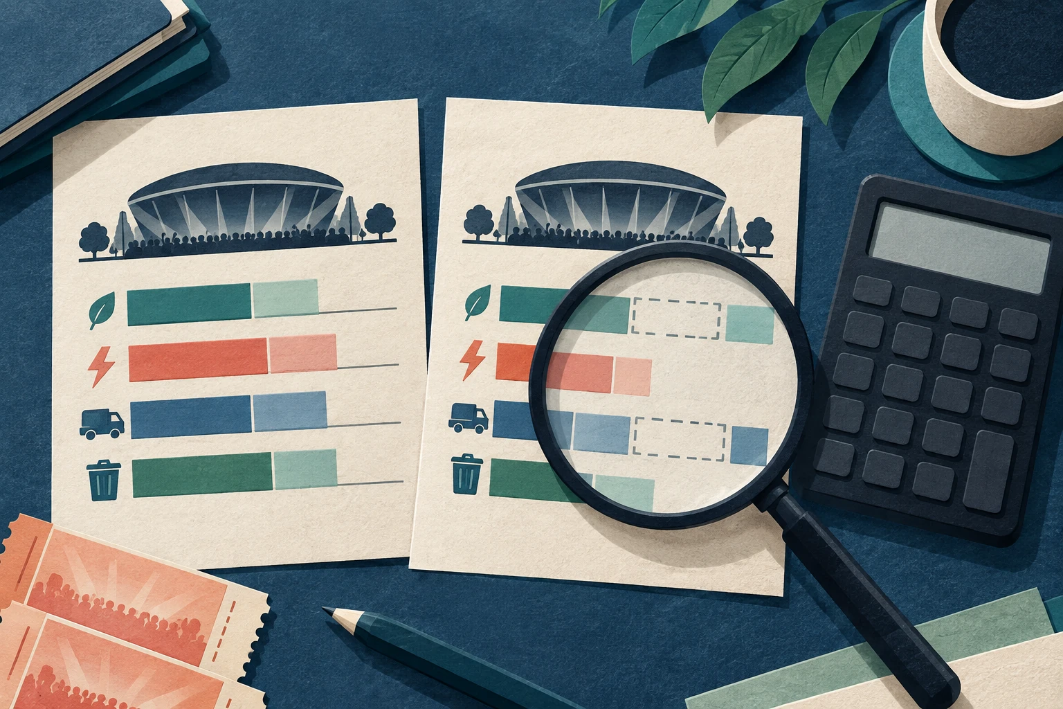 What should US fans check in a K-pop concert’s carbon claims? 3 Illustration of two concert data sheets, with a magnifying glass highlighting gaps beside a calculator.