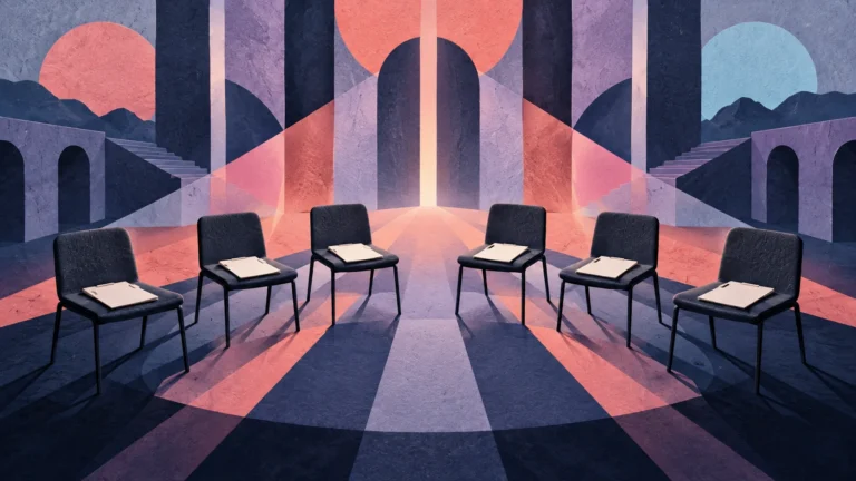 Paper-textured concept art of six empty interview chairs with blank application papers under geometric spotlights.