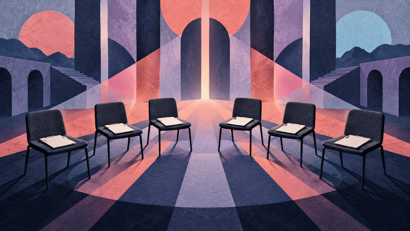 Paper-textured concept art of six empty interview chairs with blank application papers under geometric spotlights.