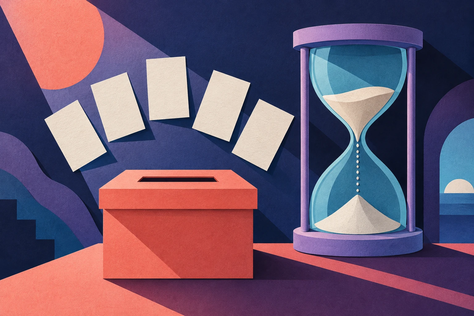 Paper-textured concept art of five blank voting cards above a coral ballot box beside an hourglass.