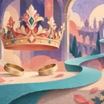 Paper-textured concept art of a crown, separated wedding rings, and a winding palace path symbolizing imperial divorce and remarriage.
