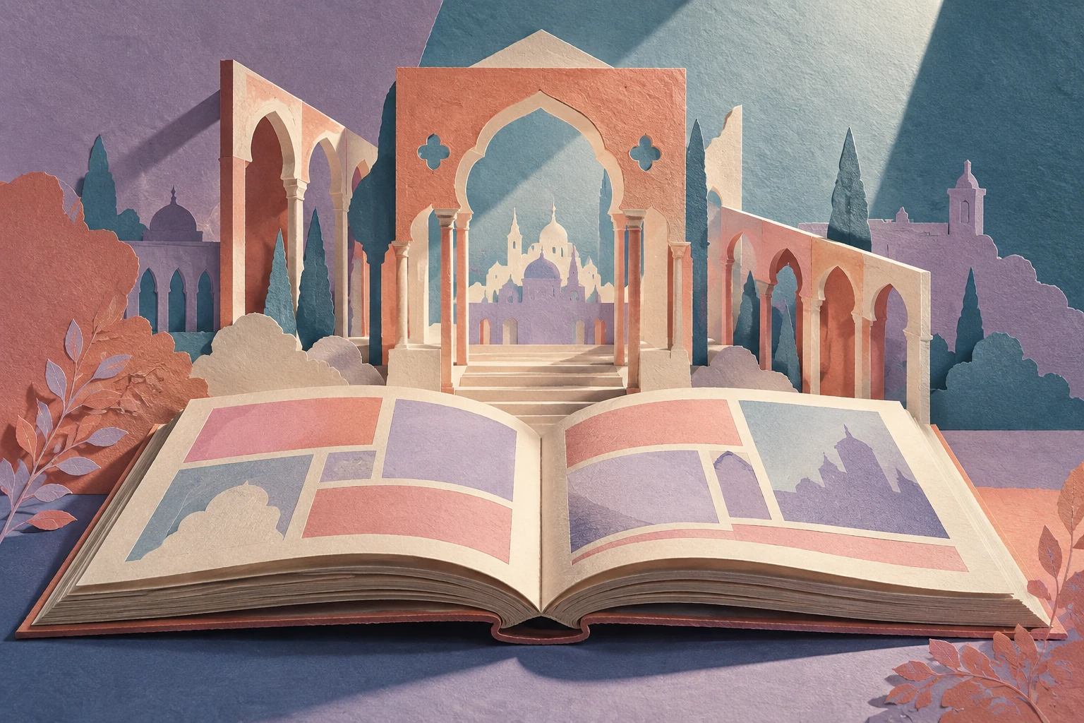 Paper-textured concept art of palace arches unfolding from a book, symbolizing court fantasy’s adaptation to live action.