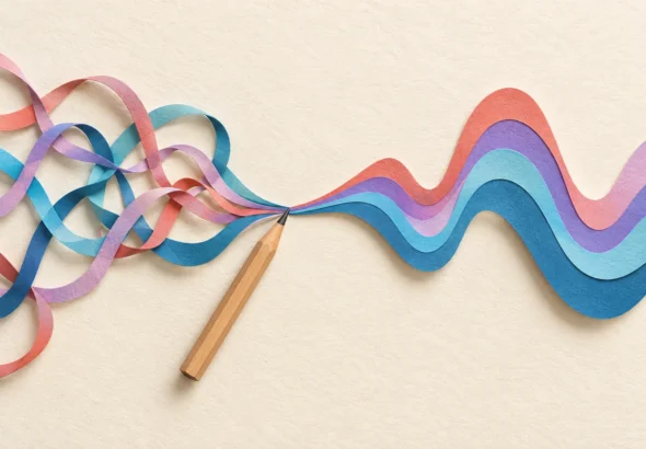 Conceptual illustration of tangled paper ribbons becoming a unified sound wave beside a pencil, symbolizing TNX’s shared songwriting.