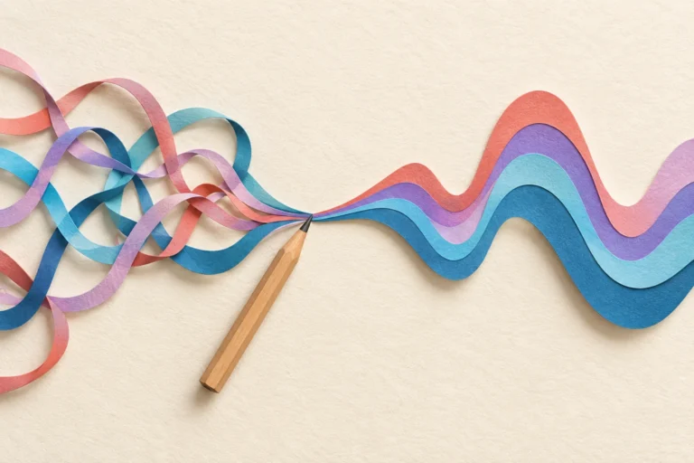 Conceptual illustration of tangled paper ribbons becoming a unified sound wave beside a pencil, symbolizing TNX’s shared songwriting.