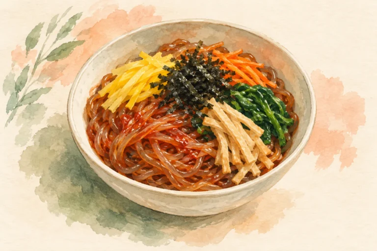 Watercolor concept art of bibim dangmyeon with seasoned glass noodles, pickled radish, seaweed, carrots, spinach, and fish cake.