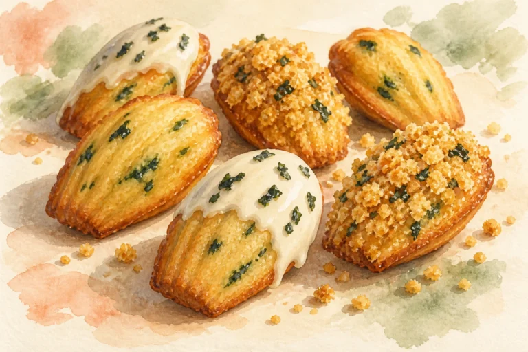Watercolor concept art of seaweed madeleines with white chocolate and golden crumble finishes.
