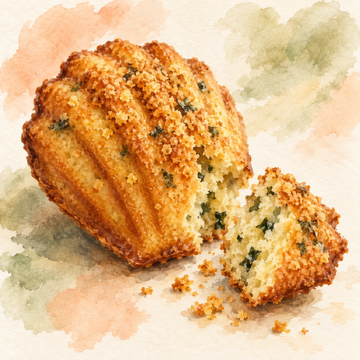 Mago Food Lab’s Gim Madeleines Meet White Chocolate 2 Watercolor concept art of a crumble-topped seaweed madeleine broken open to reveal its crumb.