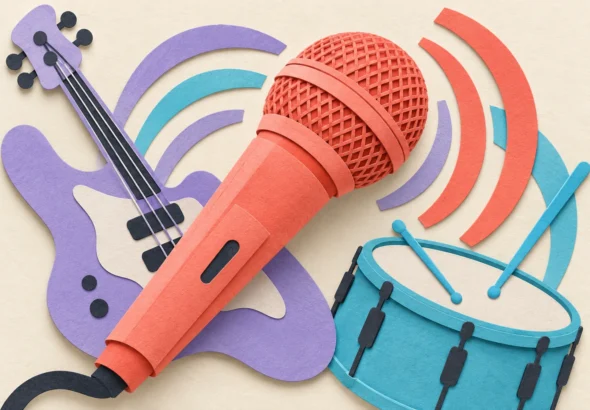 Conceptual paper illustration of a coral microphone with a lilac bass guitar and cyan drum, emphasizing live vocals.