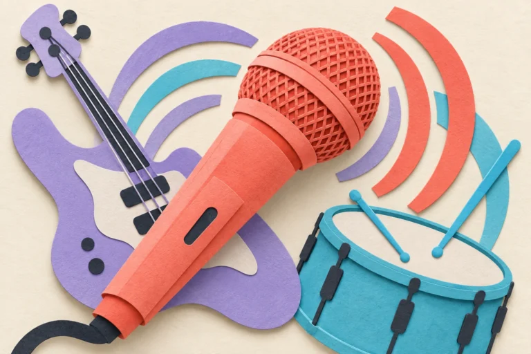 Conceptual paper illustration of a coral microphone with a lilac bass guitar and cyan drum, emphasizing live vocals.
