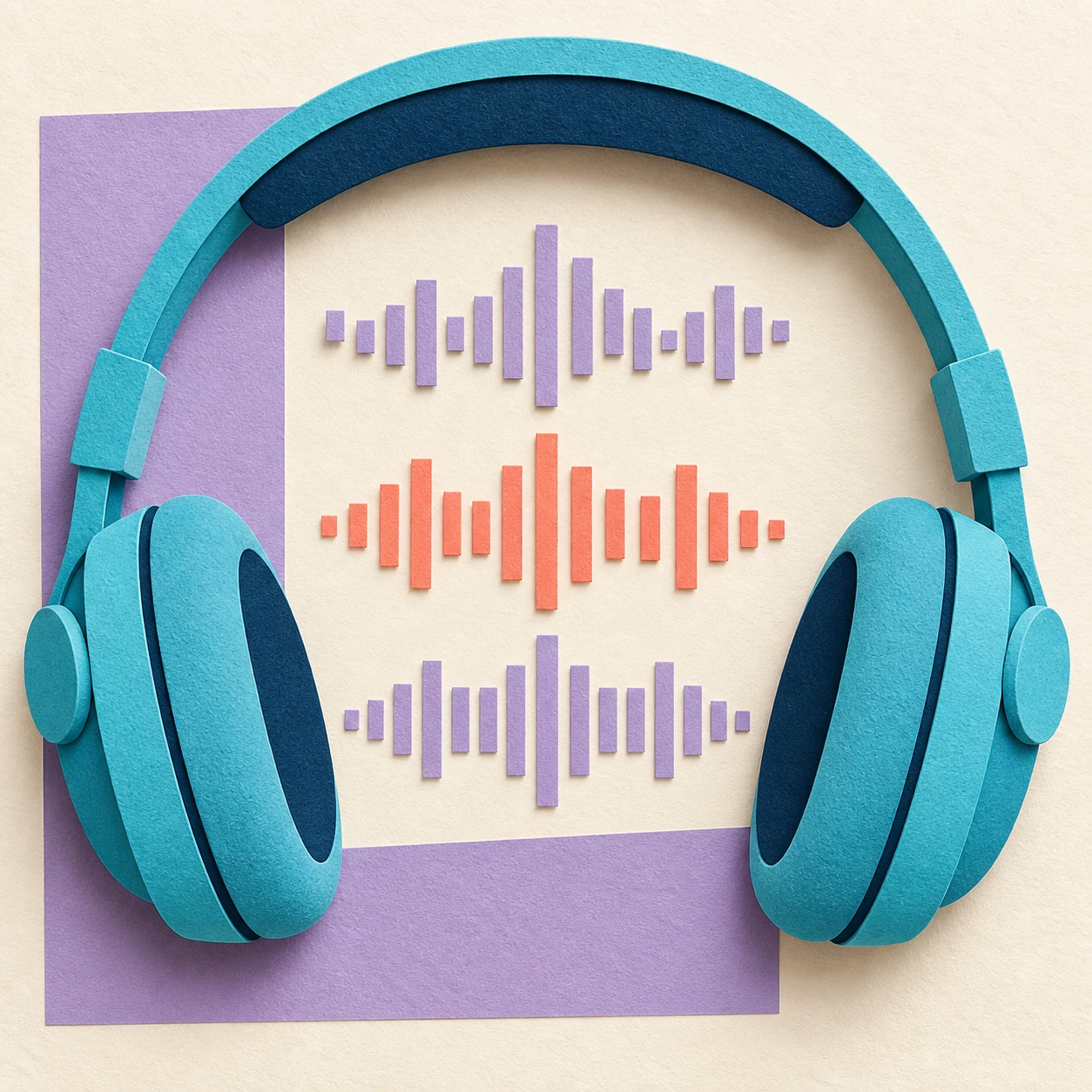 Why iii Puts Live Singing at the Heart of “WaiT” 2 Conceptual paper illustration of cyan headphones surrounding coral and lilac sound waves, symbolizing vocal rehearsal.