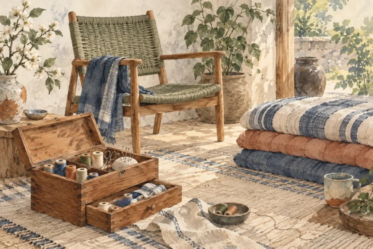Watercolor concept illustration of a woven rope armchair, open sewing box, and folded striped bedding.
