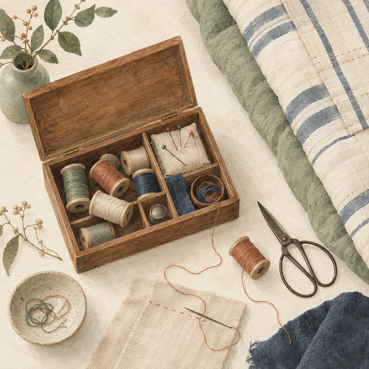 Jeong: Everyday Connections in Korean Craft and Design 2 Overhead watercolor concept illustration of a sewing box, thread, scissors, and stitched fabric beside striped bedding.