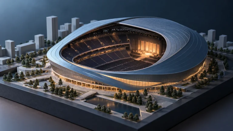 Conceptual scale model of a fictional concert arena with a cutaway roof and illuminated stage.