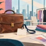 Concept art of a worn briefcase, blank employee badge, and fabric swatches symbolizing an experienced newcomer at a fashion company.