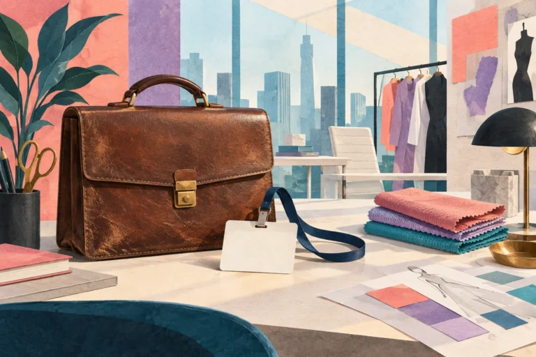 Concept art of a worn briefcase, blank employee badge, and fabric swatches symbolizing an experienced newcomer at a fashion company.