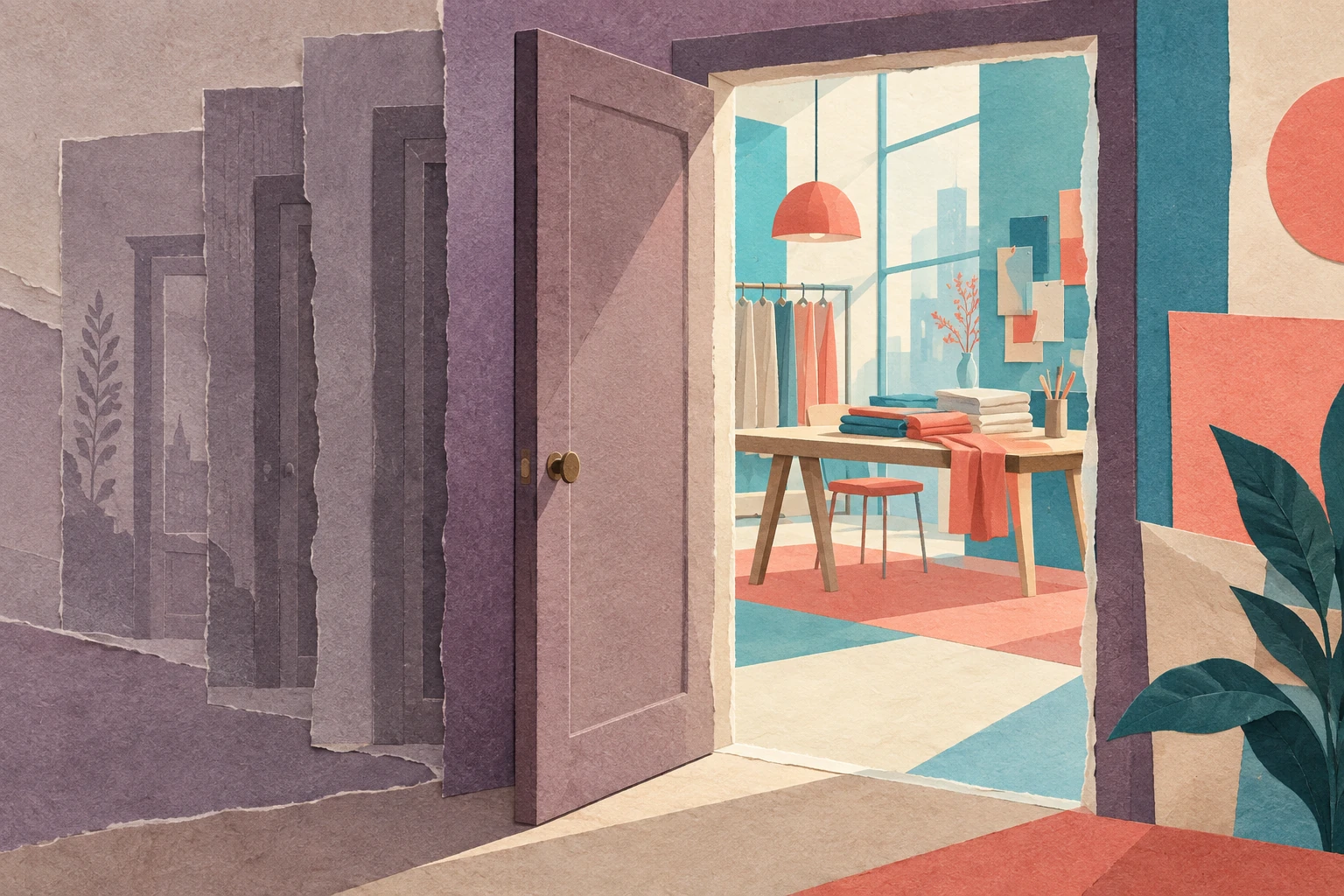 Choi Min-sik’s Intern Makes Office Life a New Acting Challenge 2 Concept art of layered doorways opening into a fashion workspace, symbolizing a familiar building transformed.