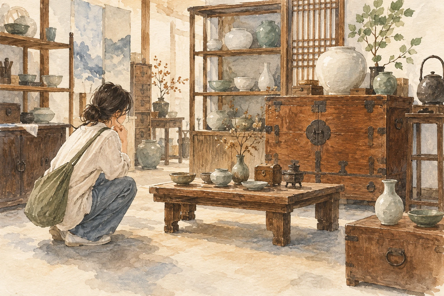 Conceptual watercolor illustration of a visitor exploring Korean wooden furniture and ceramics in an imagined antiques shop.