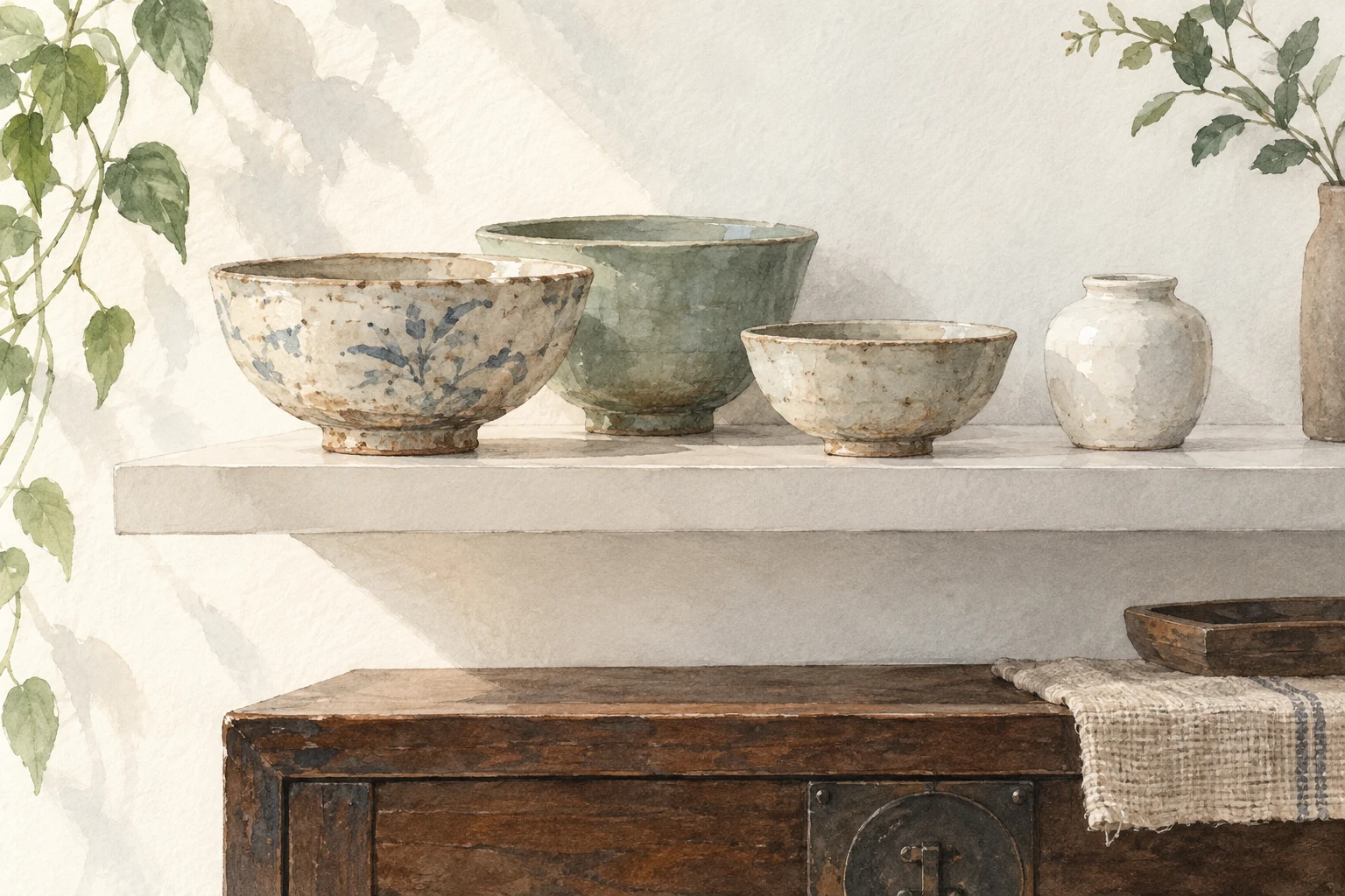 Dapsimni Antique Market in Seoul: A Beginner’s Guide 2 Conceptual watercolor illustration of aged ceramic bowls and a white jar on a modern shelf above antique wooden furniture.