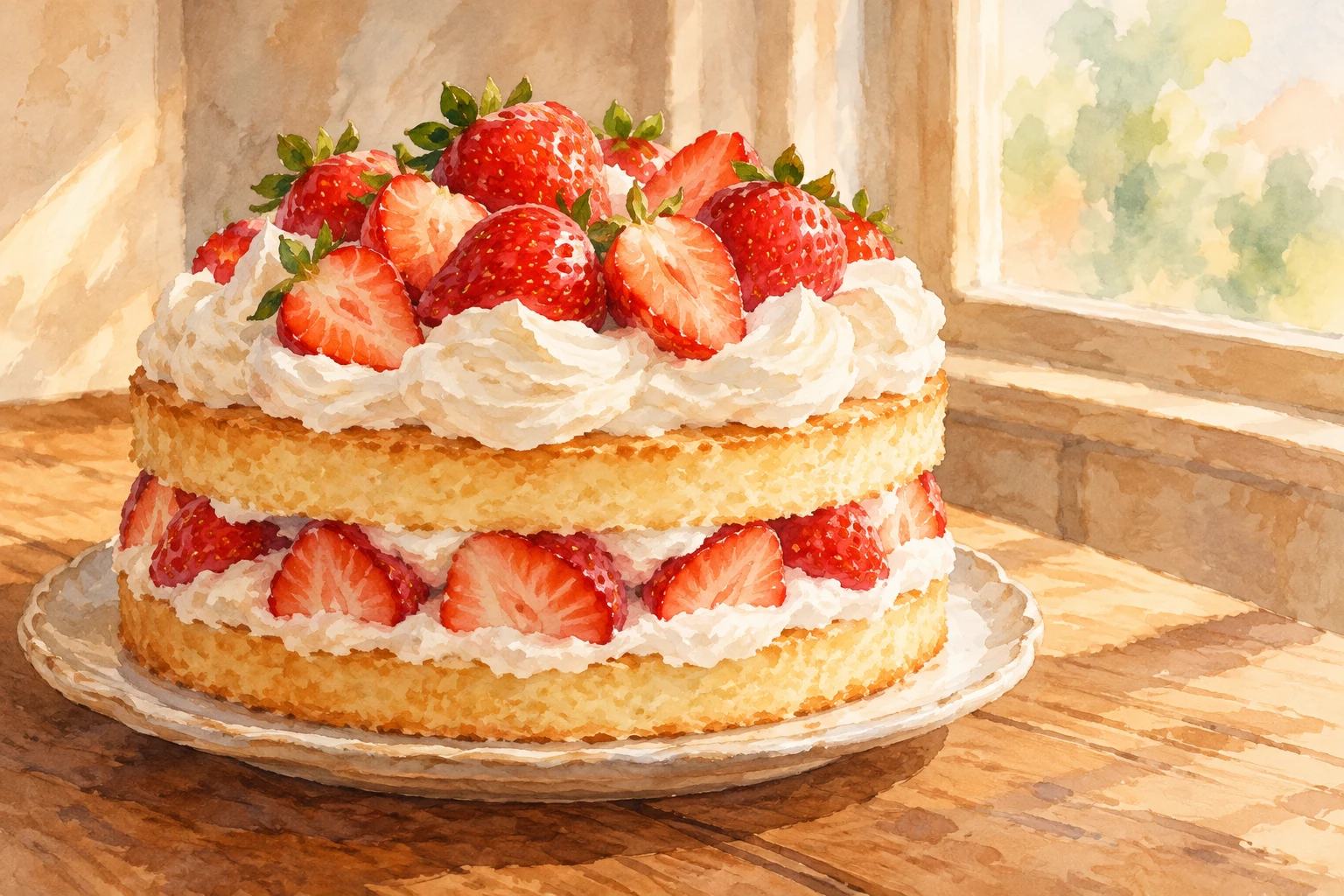 Watercolor concept art of a strawberry layer cake topped with whipped cream and fresh strawberries beside a softly painted generic window.