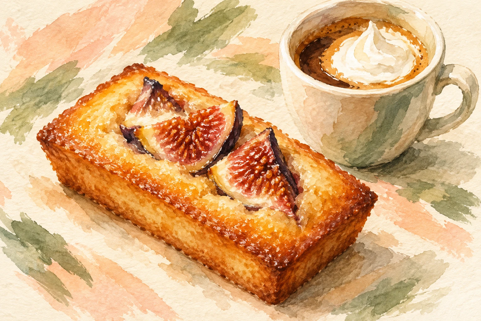 Watercolor concept art of a fig-topped financier beside espresso with fresh cream.
