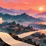Concept art of a wildflower beside a luminous path through paper-cut mountain shapes, evoking memory and a rare return to cinema.