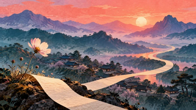 Concept art of a wildflower beside a luminous path through paper-cut mountain shapes, evoking memory and a rare return to cinema.