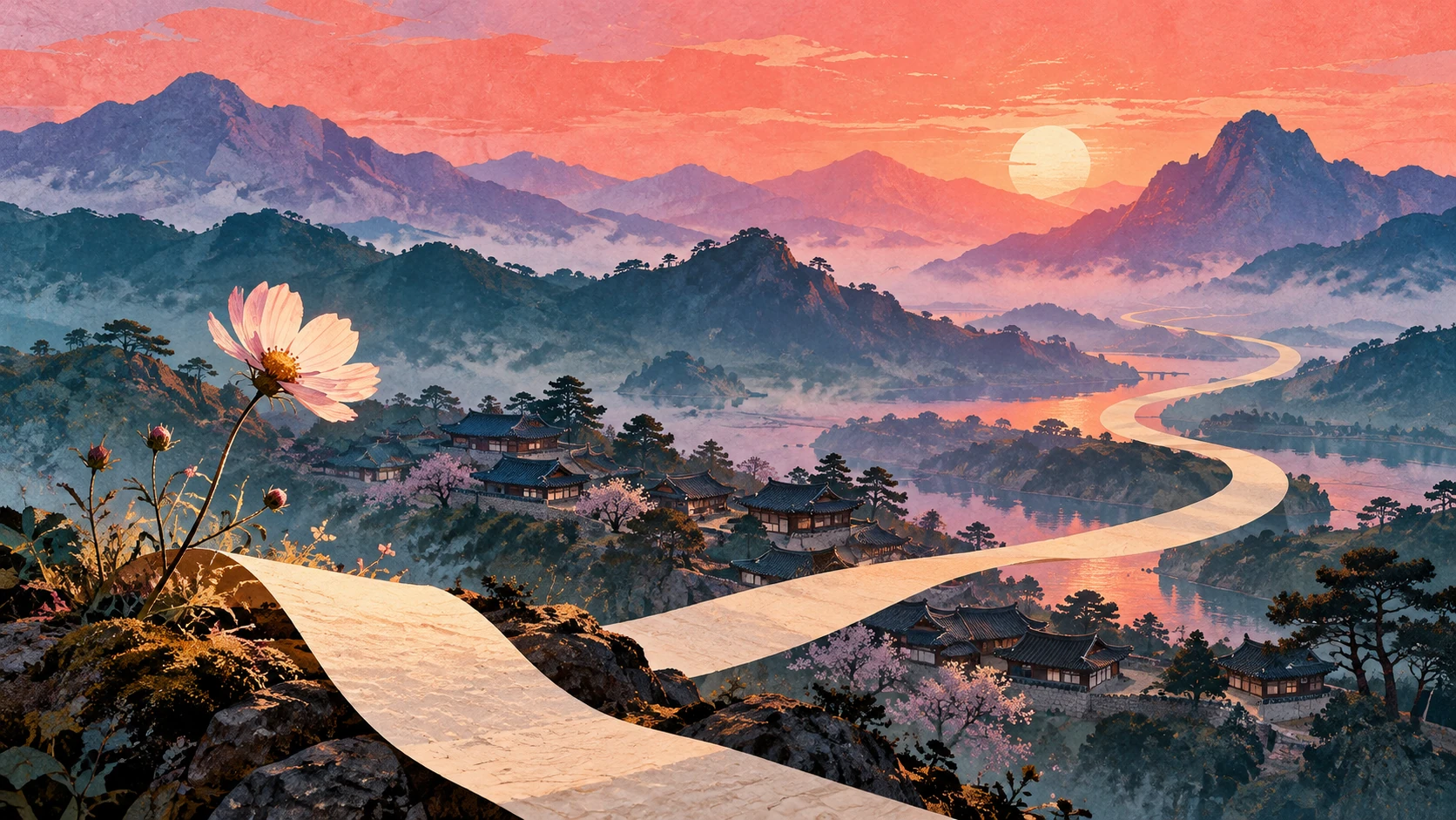 Concept art of a wildflower beside a luminous path through paper-cut mountain shapes, evoking memory and a rare return to cinema.